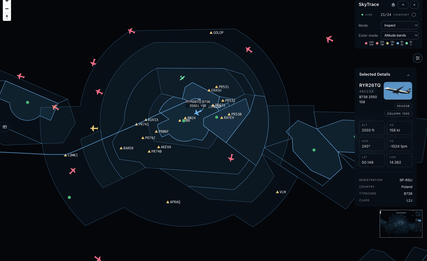 Real-time air traffic map showing live aircraft positions, airspace boundaries, and weather data